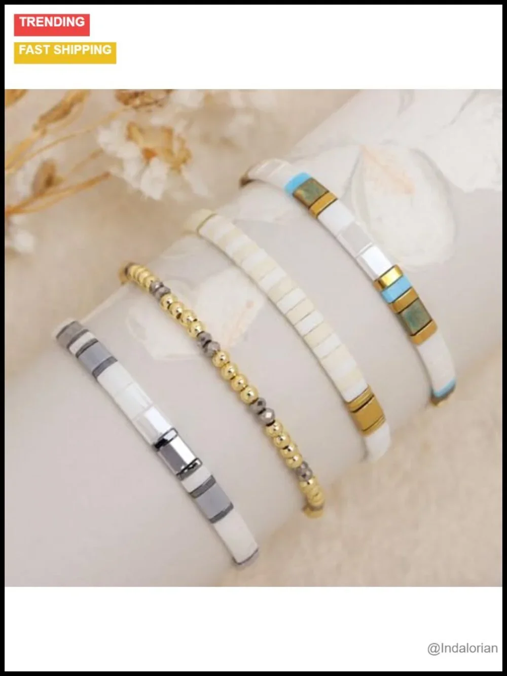 Gold Beaded Stretch Bracelet Stack Set Handmade Boho Party Gift